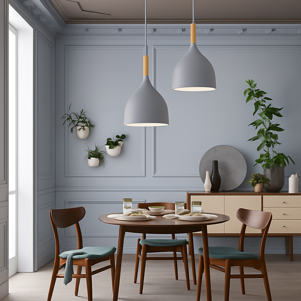 Kleurige metalen LED-hanglamp en houten stok in Nordic-stijl