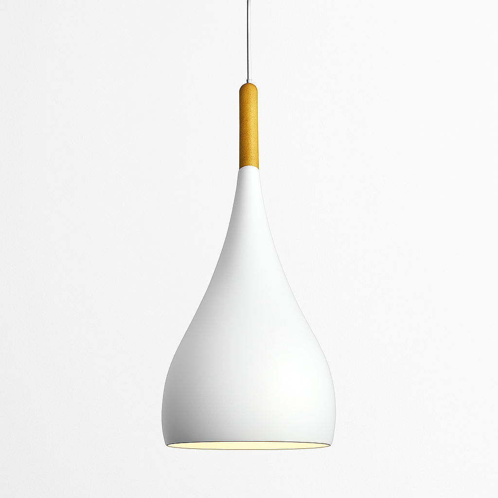 Kleurige metalen LED-hanglamp en houten stok in Nordic-stijl
