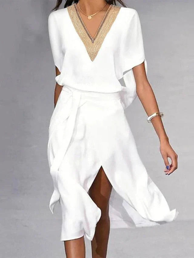 Witte V-hals jurk voor dames | Midi