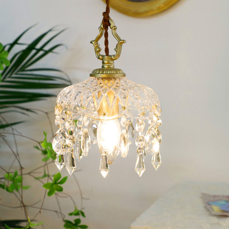 Vintage Koperen Kristal Bloem Pendelarmatuur | 1-Licht