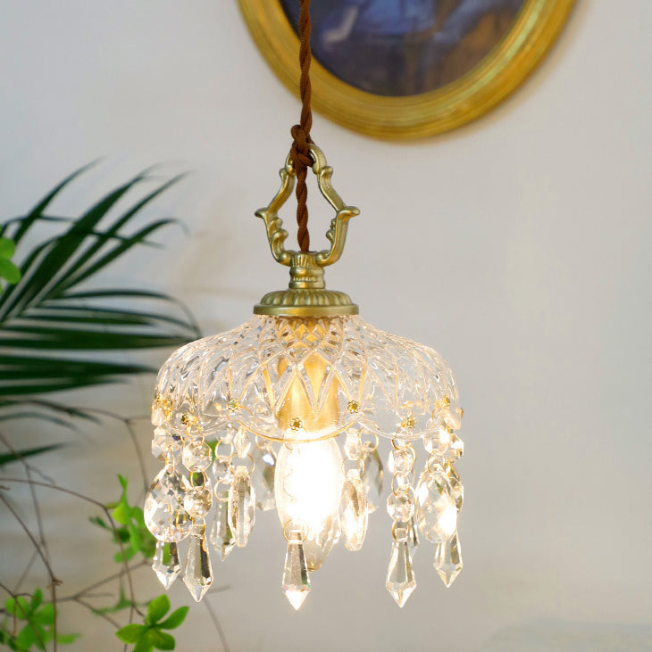 Vintage Koperen Kristal Bloem Pendelarmatuur | 1-Licht