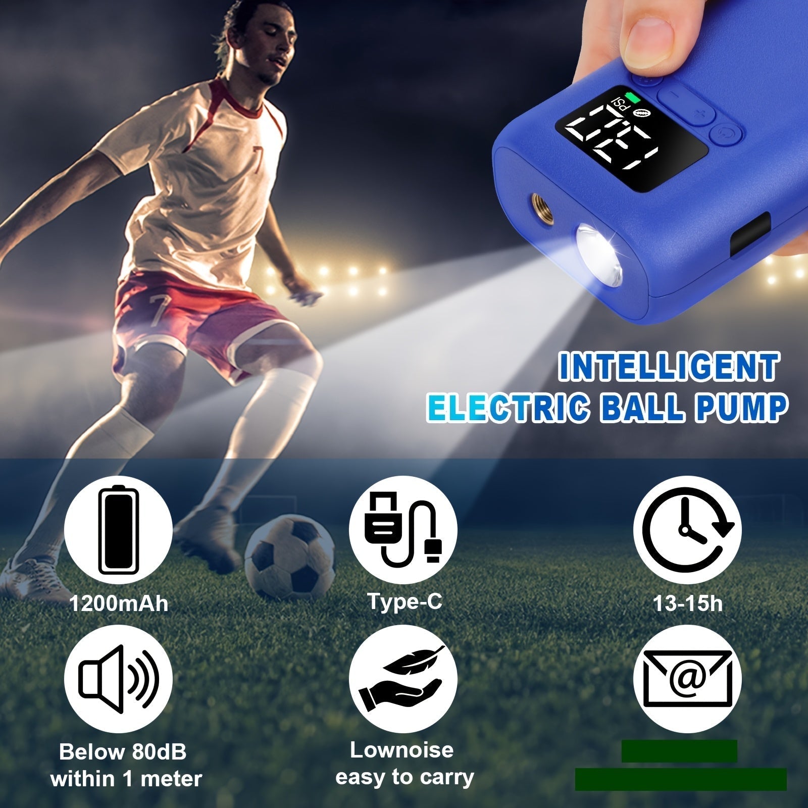 Automatische Elektrische Ballenpomp met 20 PSI Capaciteit, LED Lamp voor Voetballen en Basketballen – Compacte en Draagbare Pomp