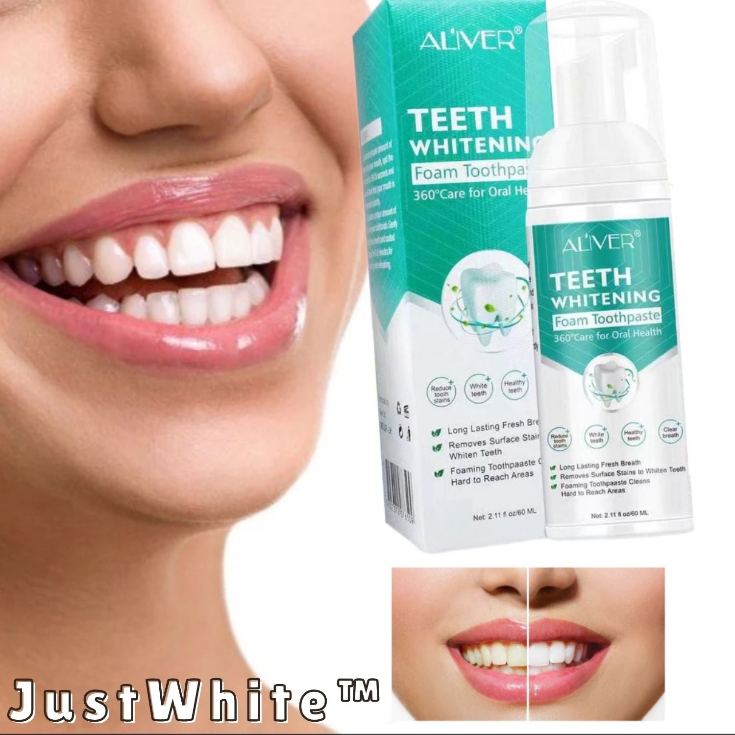 1+1 Gratis Tandwitte Schuim Tandpasta JustWhite Verwijdert Vlekken Verhelderend Frisse Adem Natuurlijk Veilig
