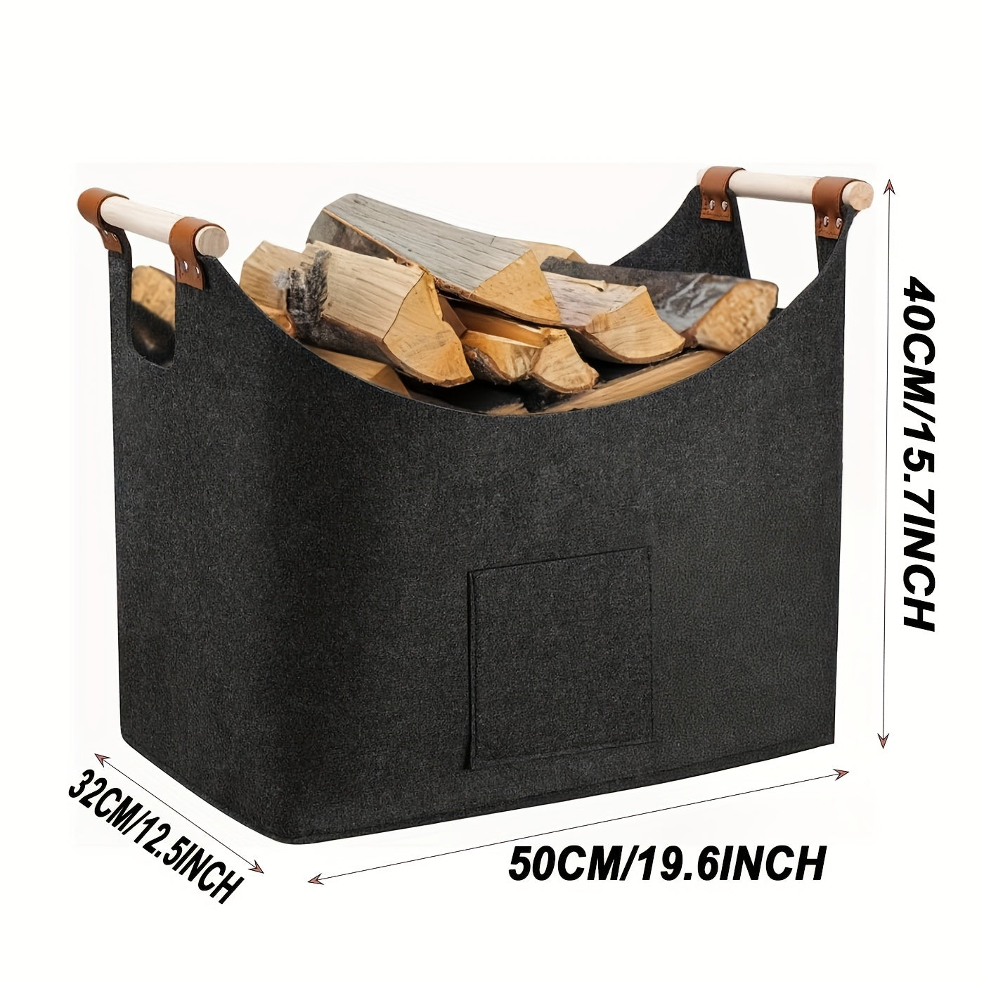 Feldura Opvouwbare Vilten Houtmand 55 liter met Houten Handvatten en Lederen Accenten, Donkergrijs