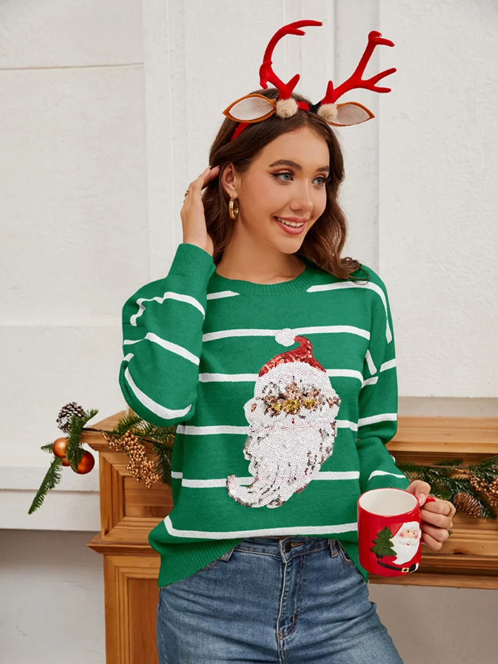 Pailletten-Kersttrui met gestreepte Santa – Groen, Rood &amp; Zwart