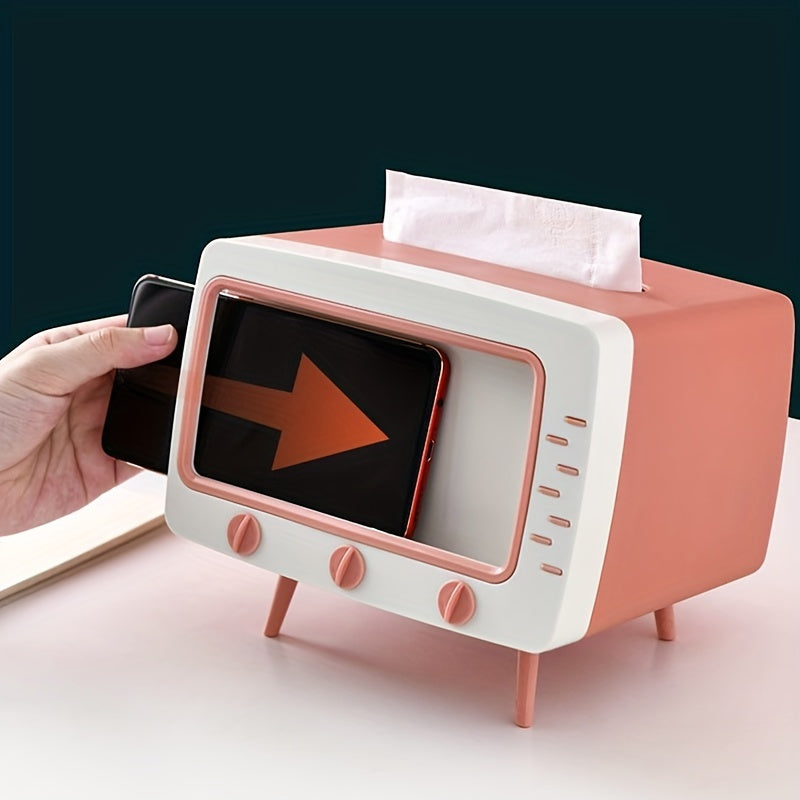 Retro TV Tissue Box Holder met Smartphone Dock – Multifunctionele Tissue Cover voor Thuis en Kantoor Decor