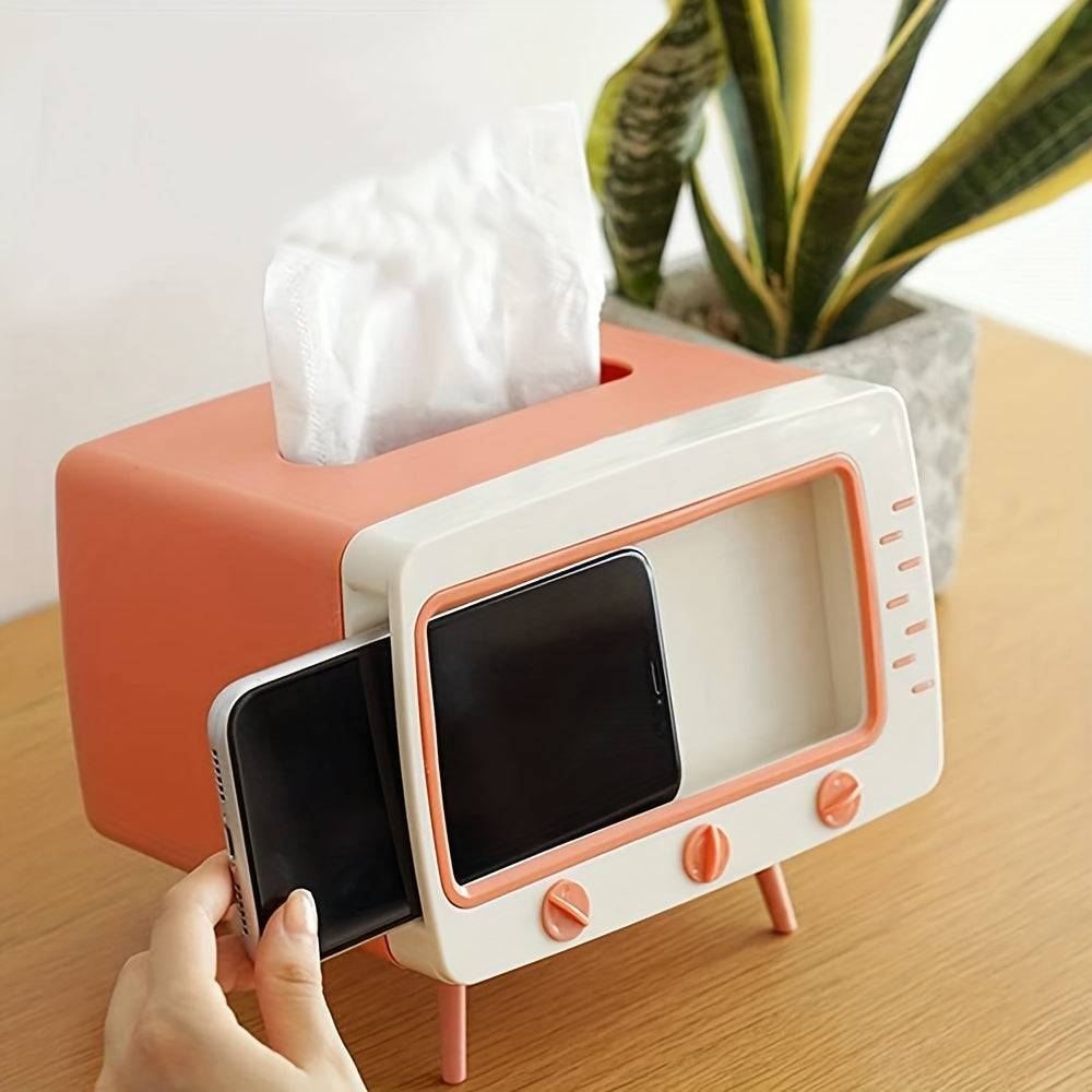 Retro TV Tissue Box Holder met Smartphone Dock – Multifunctionele Tissue Cover voor Thuis en Kantoor Decor