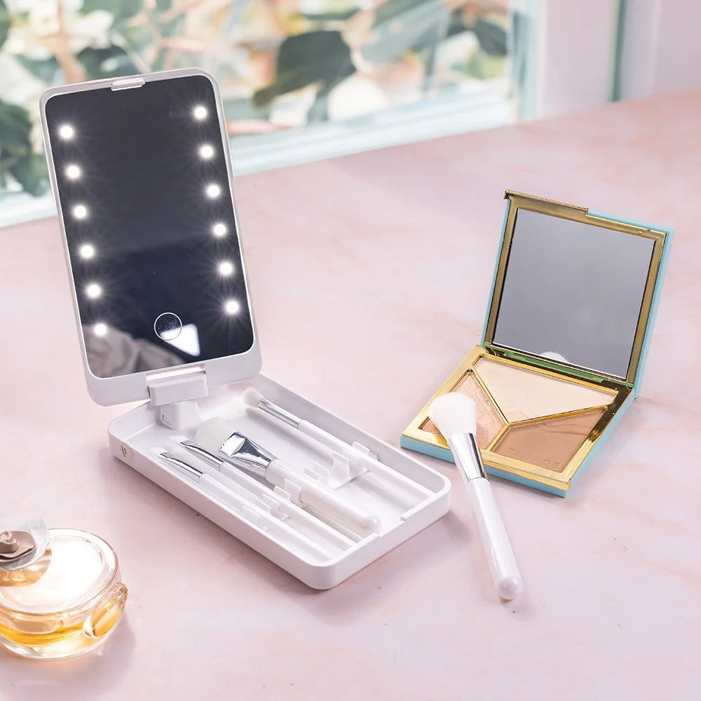 BloomBeauty Set | Gepersonaliseerde Geboortebloem Make-up Kwasten met LED Spiegel – Het Perfecte Cadeau voor Haar