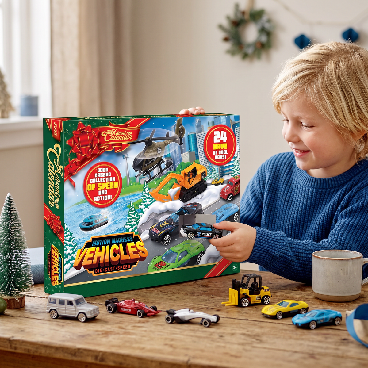 Kerst-adventskalender met gietijzeren auto's voor kinderen
