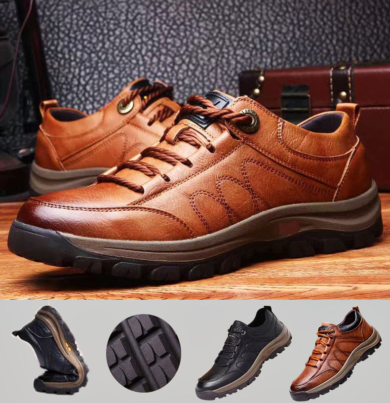 Handgenaaide heren vrijetijdsschoenen | Echt rundsleder | Orthopedisch drievoetsteunontwerp | Antislip rubberen zool | Waterafstotend & Ademend | Zwart & Bruin