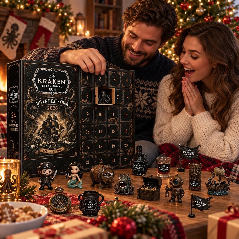 24-Daagse Kraken Rum Mini Fles Advent Kalender Set voor Feestelijke Bar Tafel Display, Verzamelobject voor Rum Liefhebbers, Kerst Countdown & Feestdecoratie