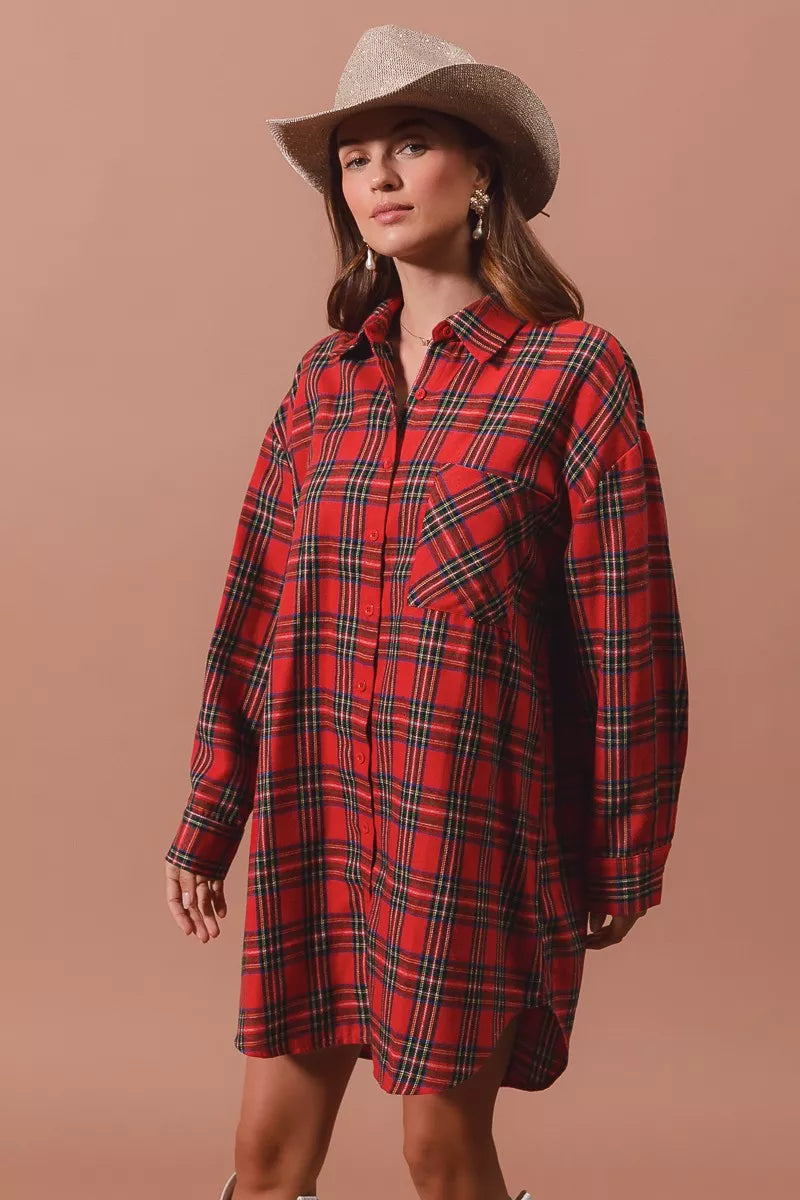 Rode Kerst Ruitpatroon Button-Up Oversized Hemdblusenkleed