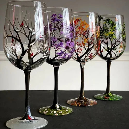 Four Seasons Tree Wijn Glazen - Handgeschilderde Kunst
