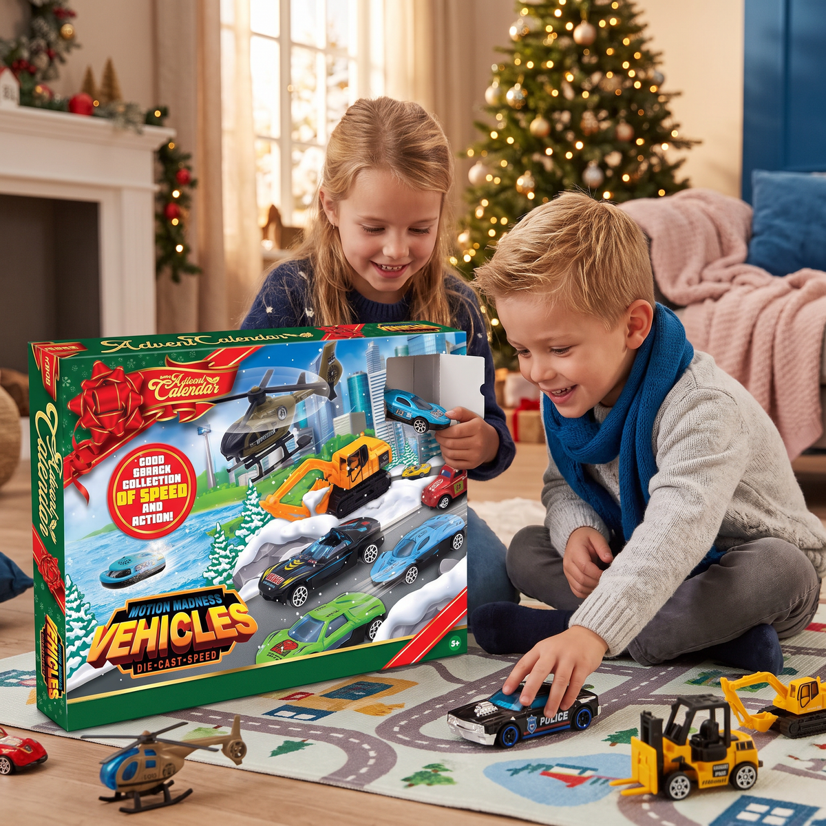 Kerst-adventskalender met gietijzeren auto's voor kinderen
