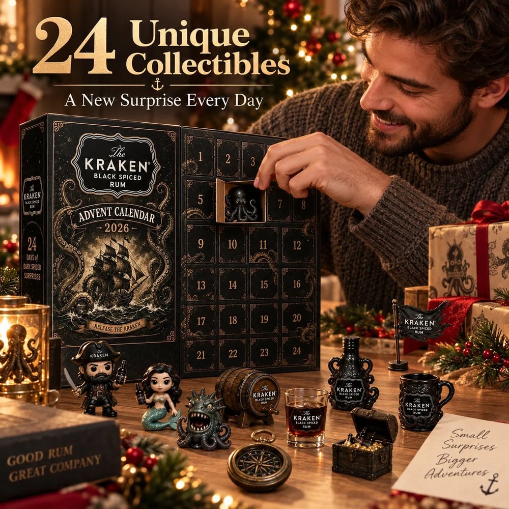 24-Daagse Kraken Rum Mini Fles Advent Kalender Set voor Feestelijke Bar Tafel Display, Verzamelobject voor Rum Liefhebbers, Kerst Countdown & Feestdecoratie