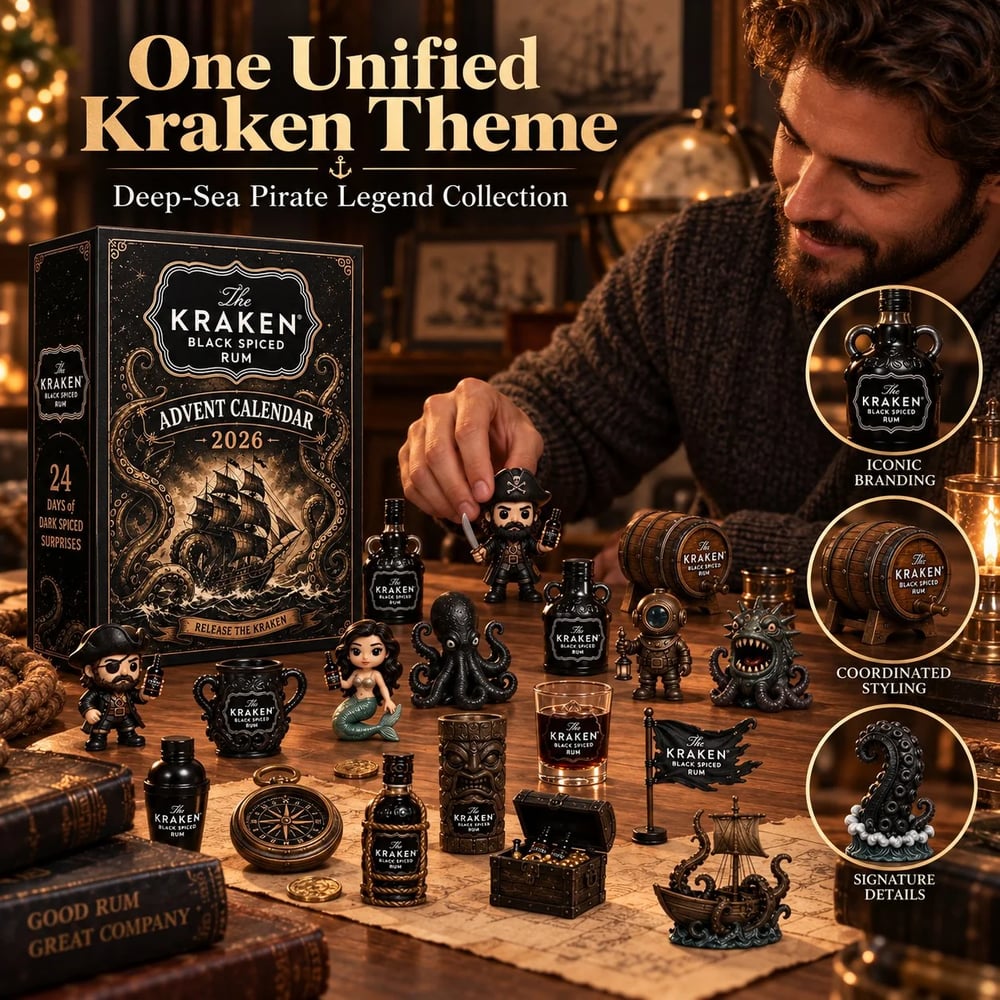 24-Daagse Kraken Rum Mini Fles Advent Kalender Set voor Feestelijke Bar Tafel Display, Verzamelobject voor Rum Liefhebbers, Kerst Countdown & Feestdecoratie