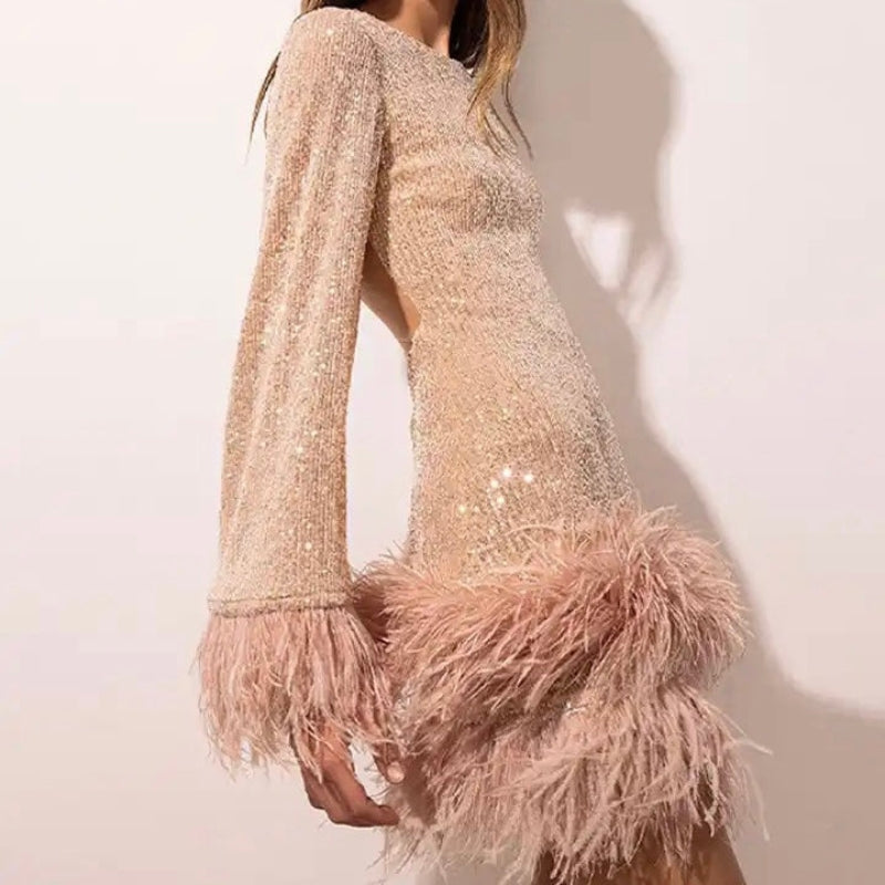 Mini jurk voor vrouwen, aansluitend met pailletten en een verenzoom