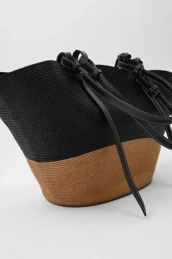 Dames Leren Tote Bag Bruin Groot Geweven met Leren Handvatten
