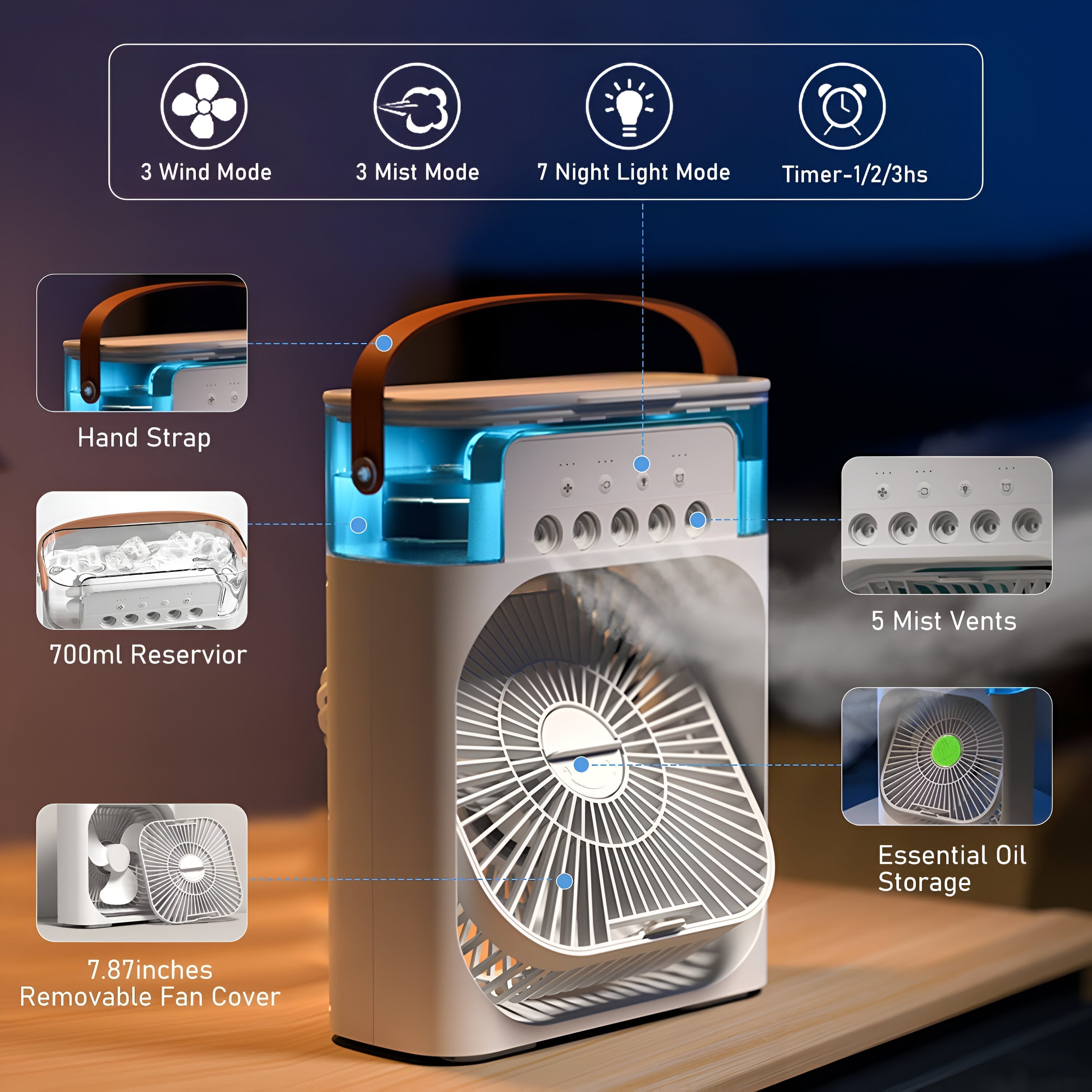 3-in-1 Luchtkoeler, Luchtbevochtiger & Luchtzuiveraar – Draagbare airconditioning voor binnengebruik met LED-verlichting