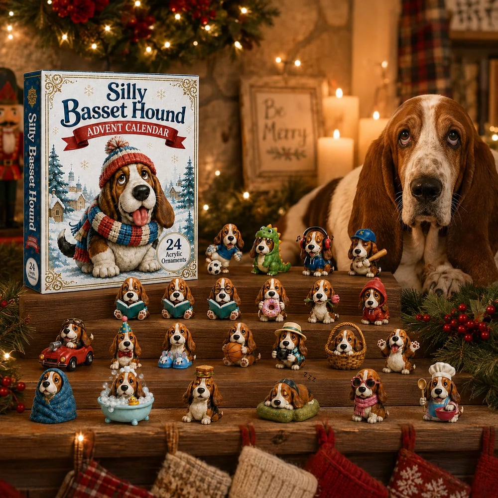 🔥🎁Dwaze Basset Hound Adventskalender 2026 - 24-Daagse Feestelijke Countdown