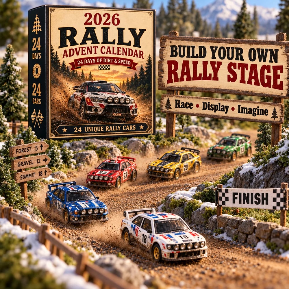 🏎️ Rallye-Kerst-Adventskalender 2026 – 24 dagen vol snelheid en spanning, 24 rally-raceauto's om te verzamelen (2D-modellen)