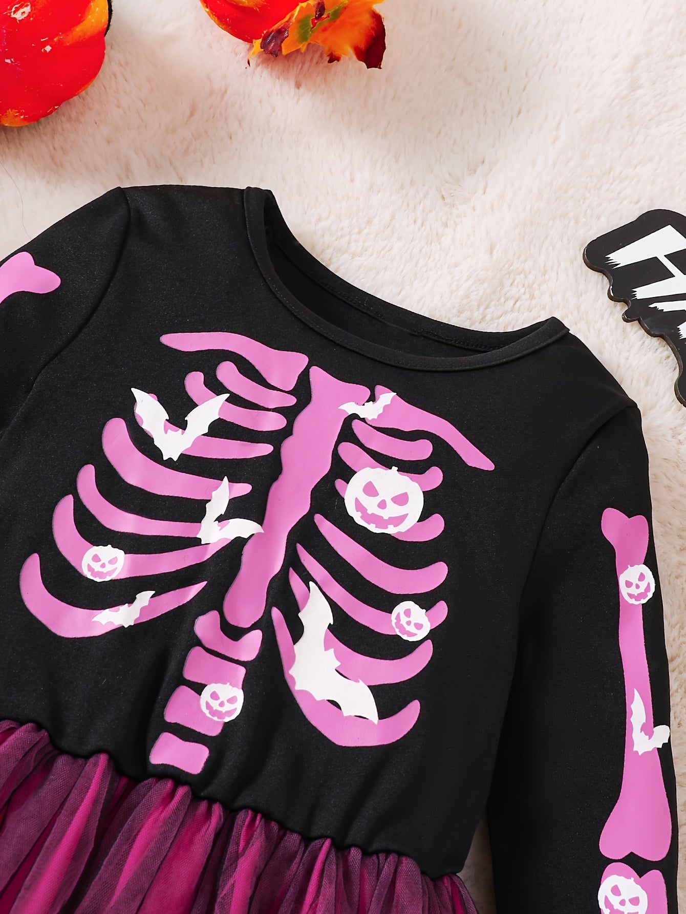 Meisjes Lange Mouwen Halloween Skelet Kostuum Jurk | Tulle Mini