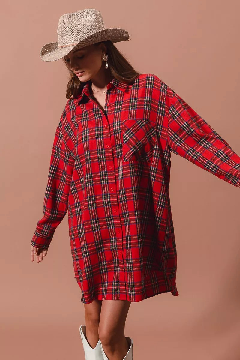 Rode Kerst Ruitpatroon Button-Up Oversized Hemdblusenkleed