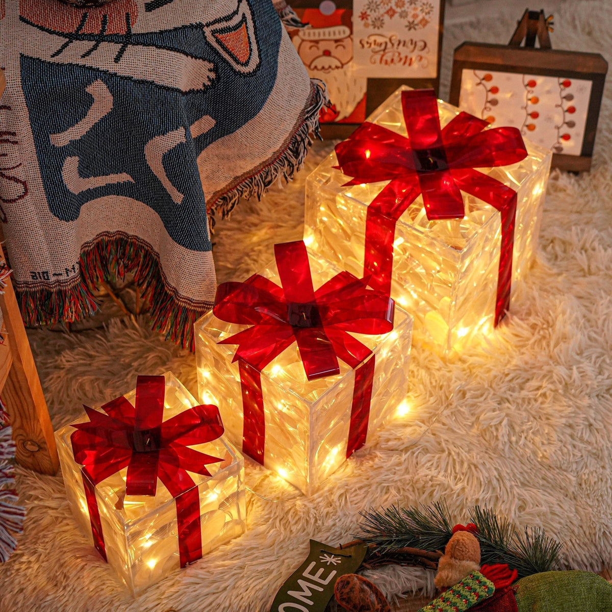 LED Kerstcadeauverlichting – Set van 3 Verlichte Geschenkdozen voor Binnen & Buiten