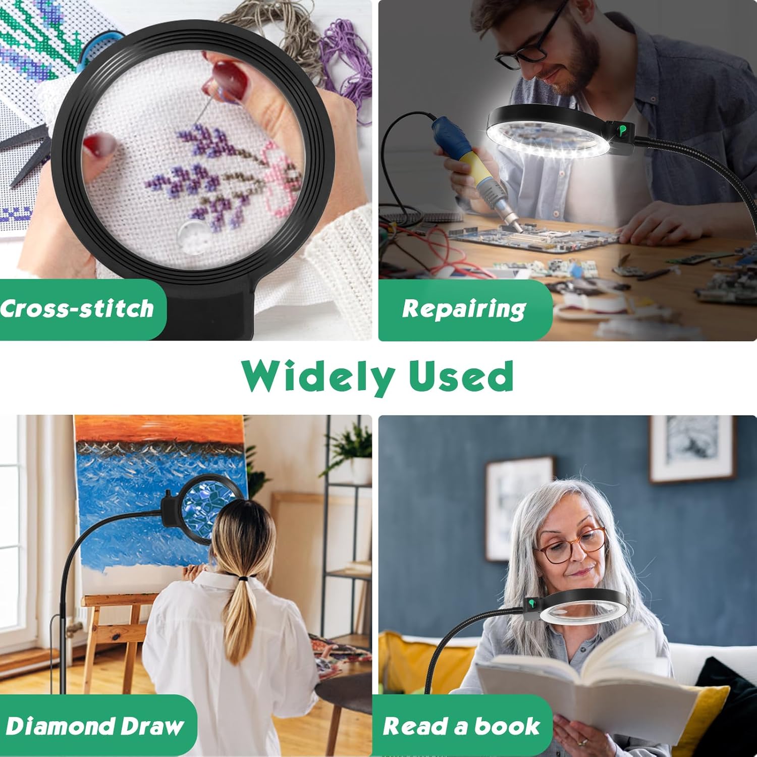 Volledige vergrootglas met LED-licht – Handsfree leeshelper voor boeken, handwerk en hobby's