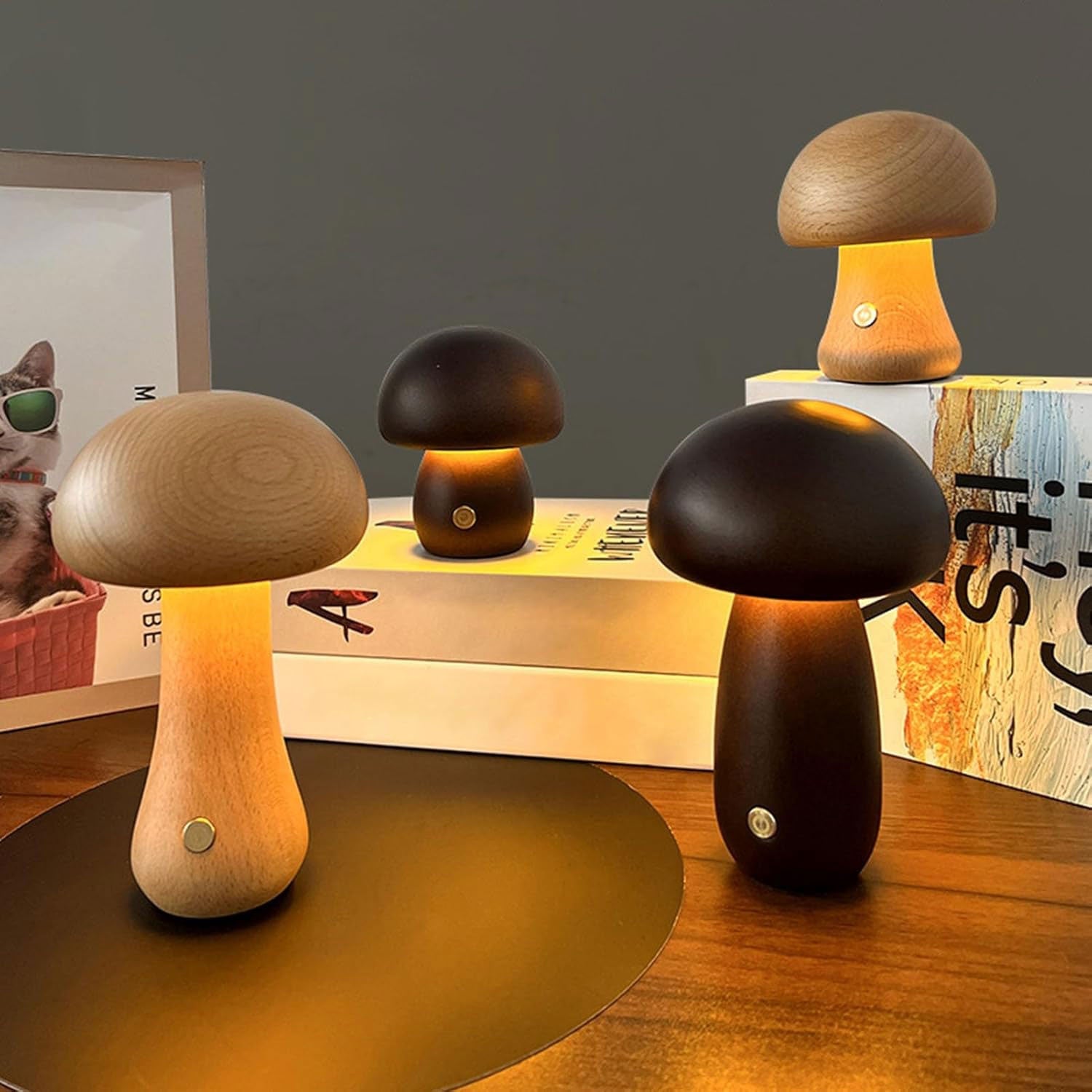 Dimbaar LED-paddenstoelnachtlampje van hout met USB-oplading