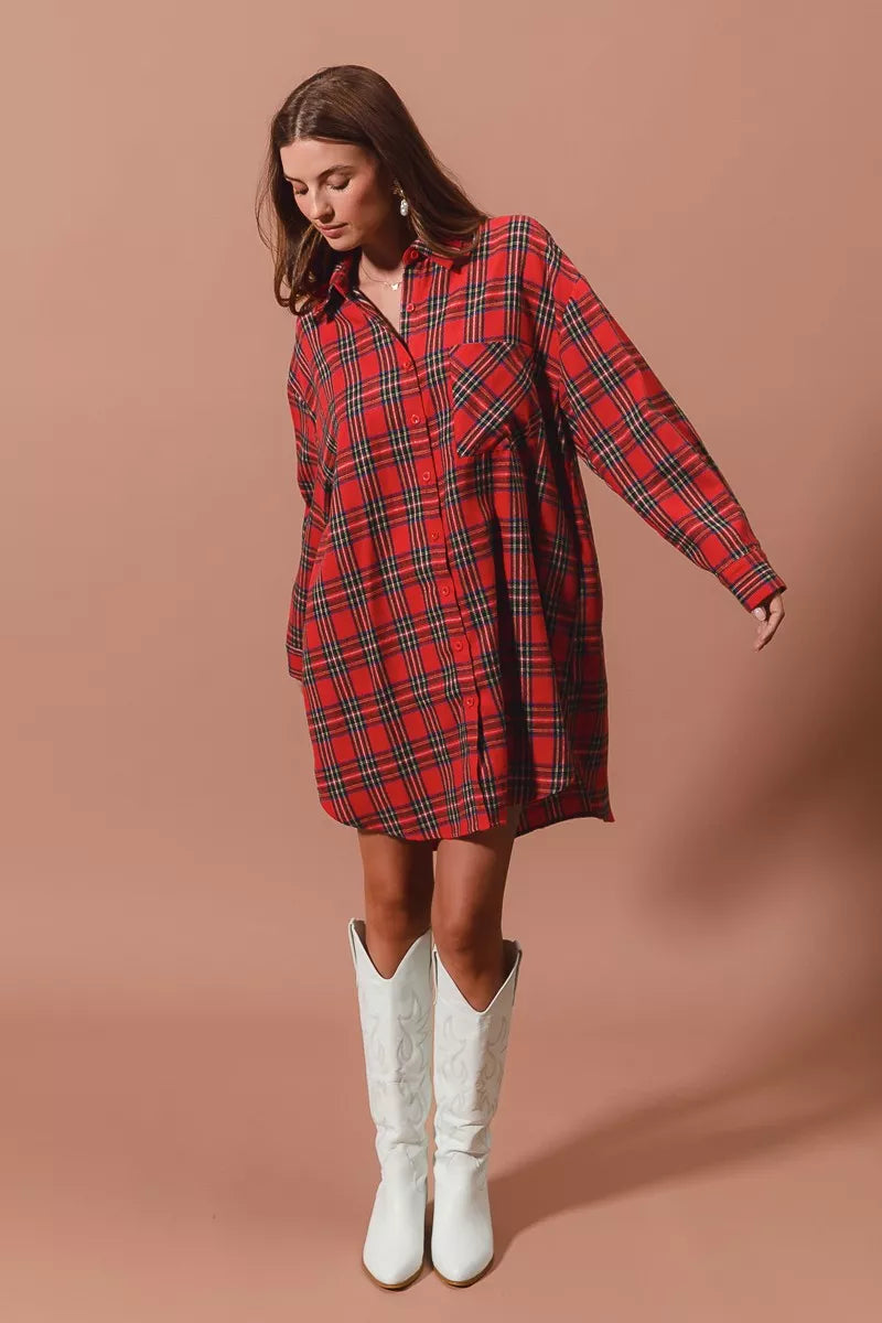 Rode Kerst Ruitpatroon Button-Up Oversized Hemdblusenkleed