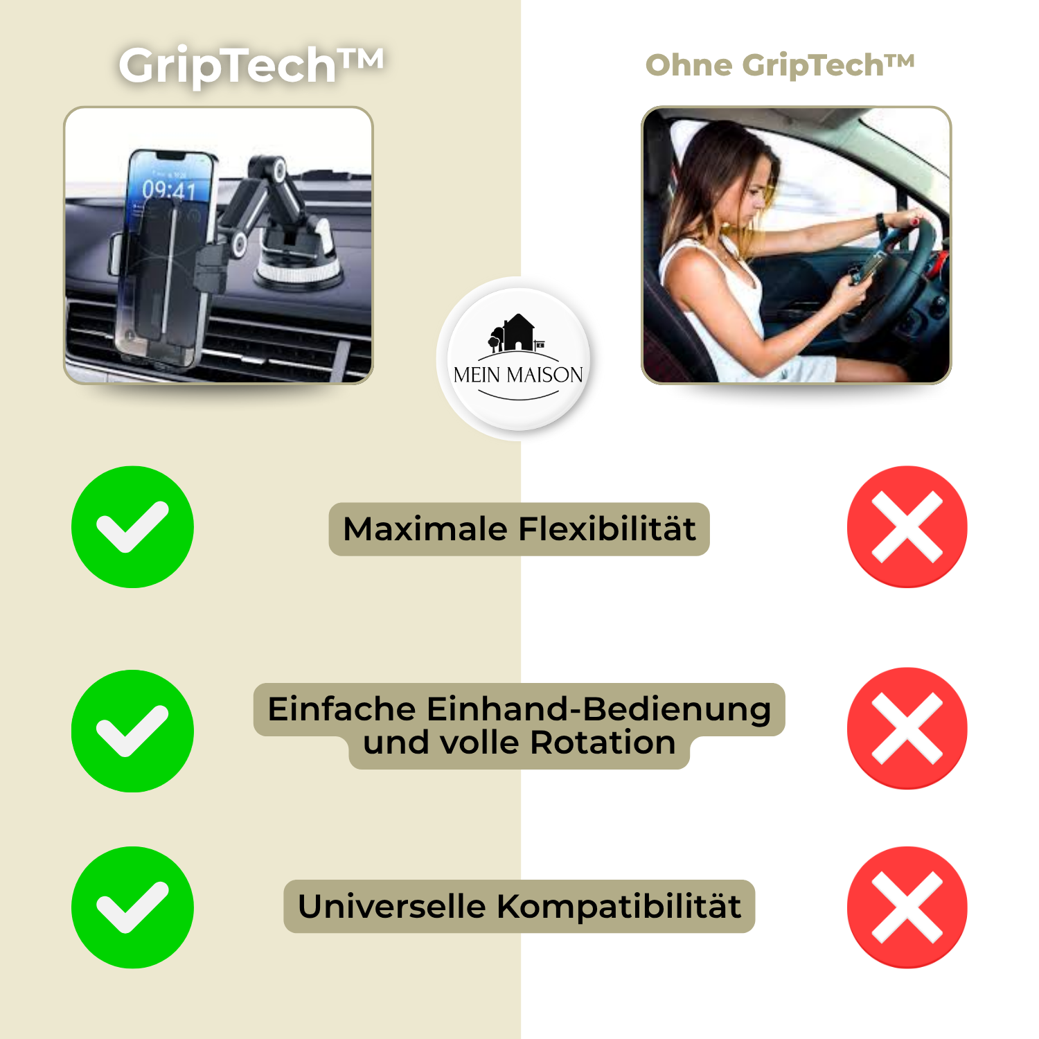 Handyhouder Auto GripTech | Sterke Zuignap Hechting | 360° Rotatie | Eenvoudige bediening met één hand
