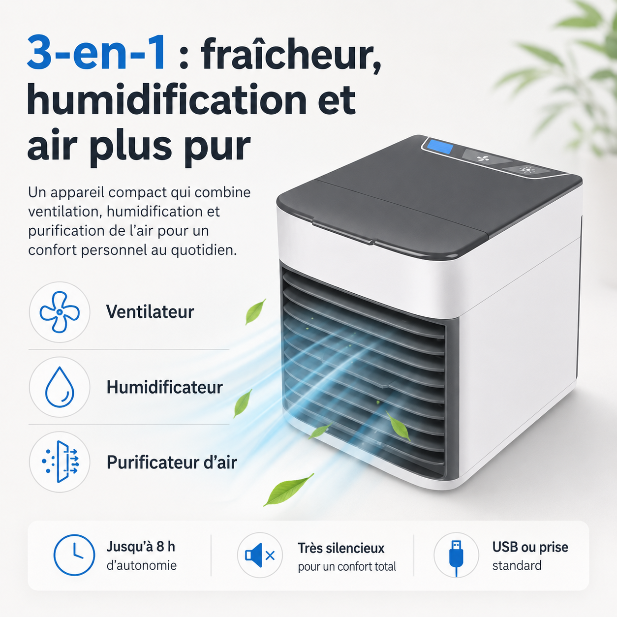3-in-1 Luchtkoeler met ventilator, luchtbevochtiger en luchtreiniger – Draagbaar, stil en met LED-nachtlampje