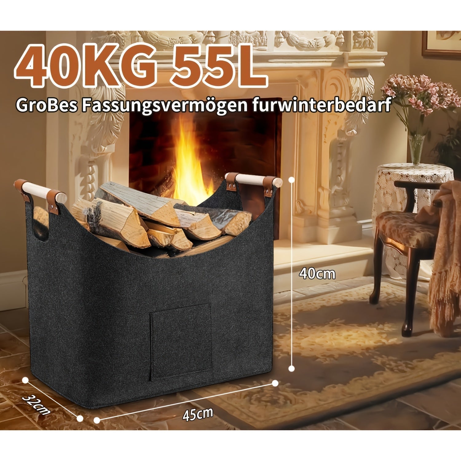Feldura Opvouwbare Vilten Houtmand 55 liter met Houten Handvatten en Lederen Accenten, Donkergrijs