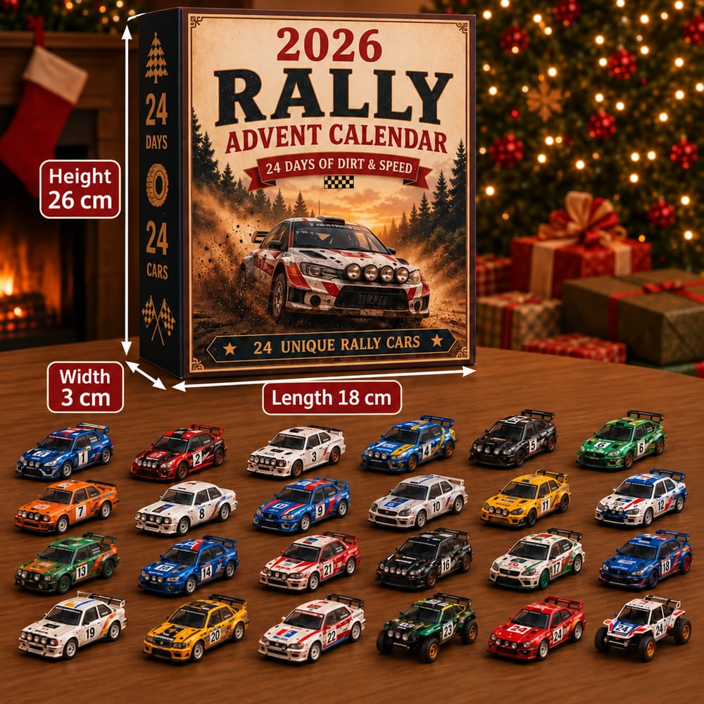 🏎️ Rallye-Kerst-Adventskalender 2026 – 24 dagen vol snelheid en spanning, 24 rally-raceauto's om te verzamelen (2D-modellen)