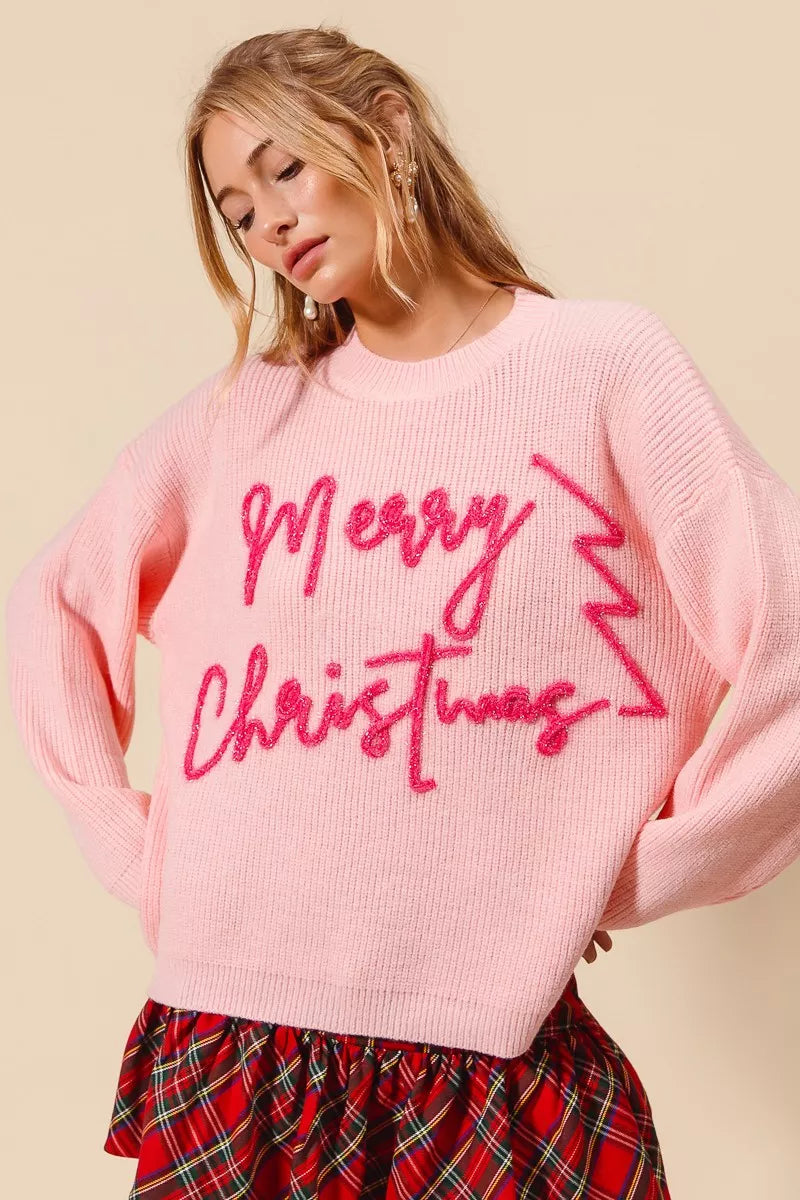 Roze “Frohe Weihnachten” Glitterschrift Pullover