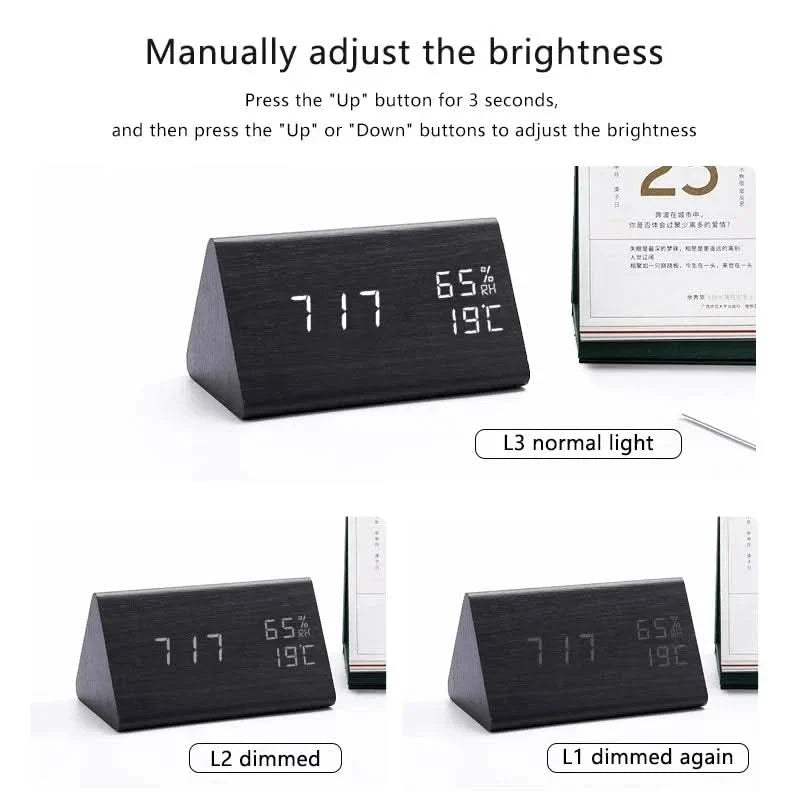 Futura Wecker Houtlook LED Met Drie Alarmen Temperatuurweergave Instelbare Helderheid