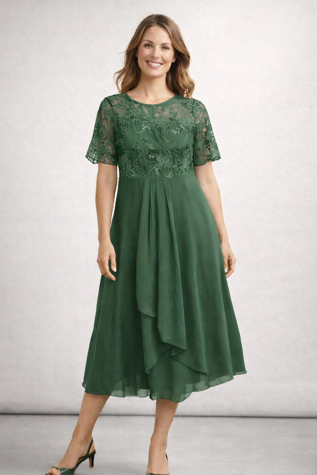 Dames Midikleid met Kant en Chiffon Korte Mouwen