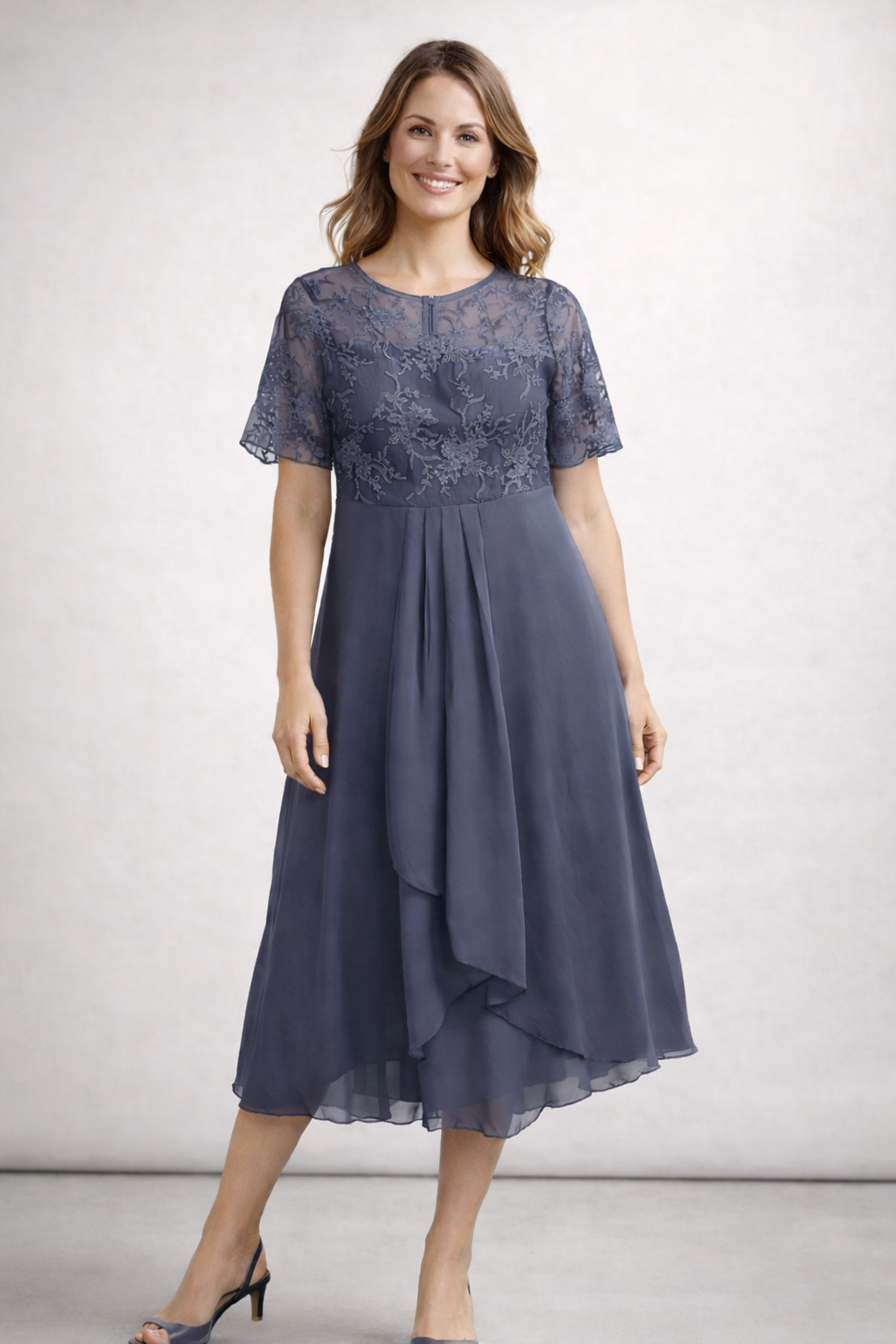 Dames Midikleid met Kant en Chiffon Korte Mouwen