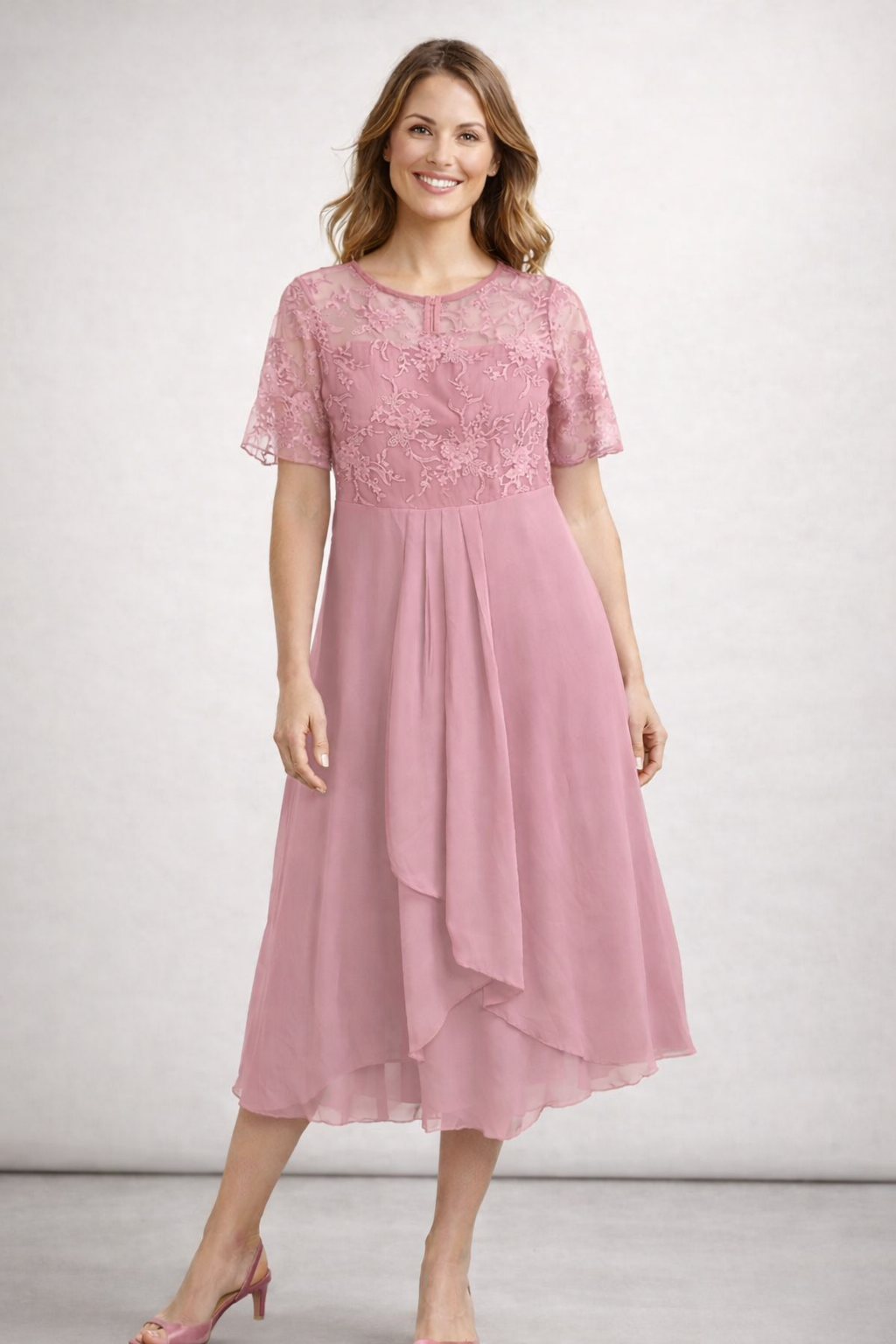 Dames Midikleid met Kant en Chiffon Korte Mouwen