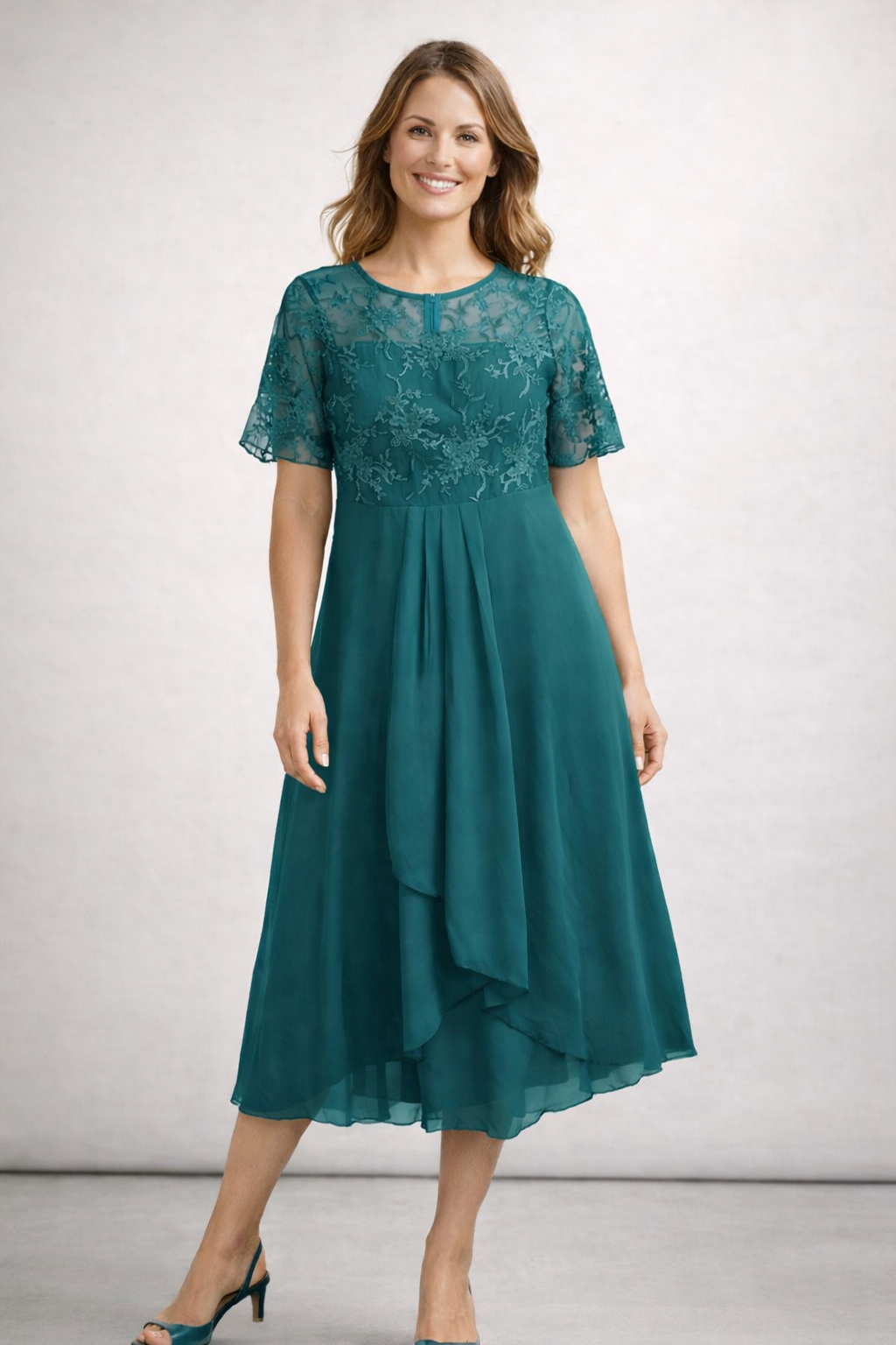 Dames Midikleid met Kant en Chiffon Korte Mouwen