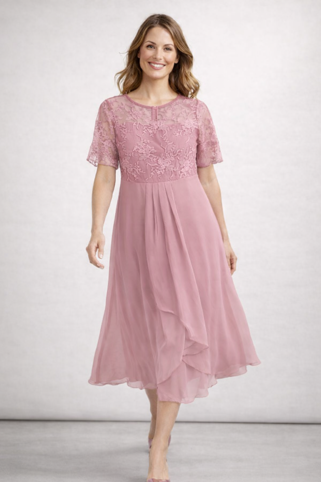 Dames Midikleid met Kant en Chiffon Korte Mouwen