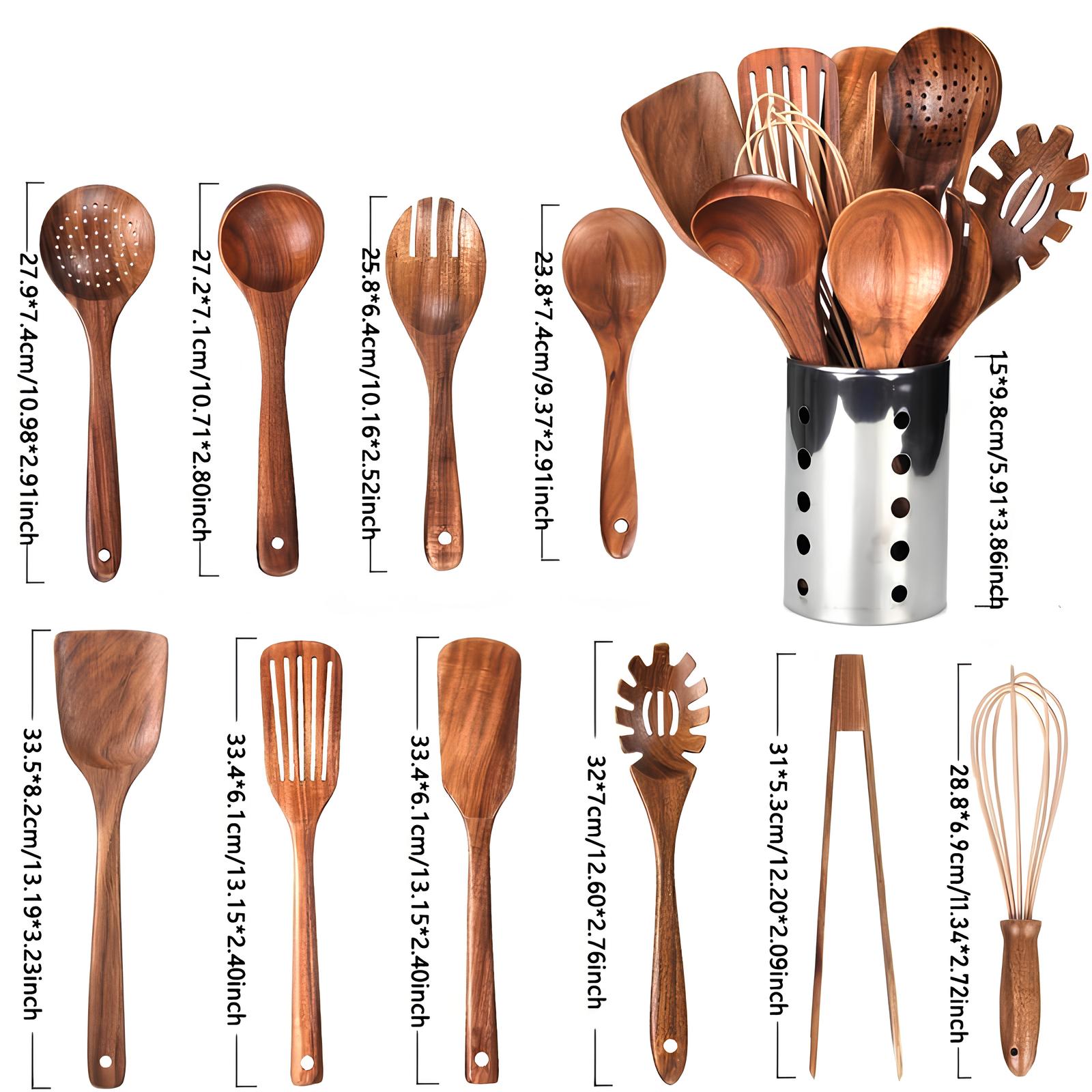11-delig Teakhouten Keukenhulpmiddelen Set | Met Houder | Natuurhout