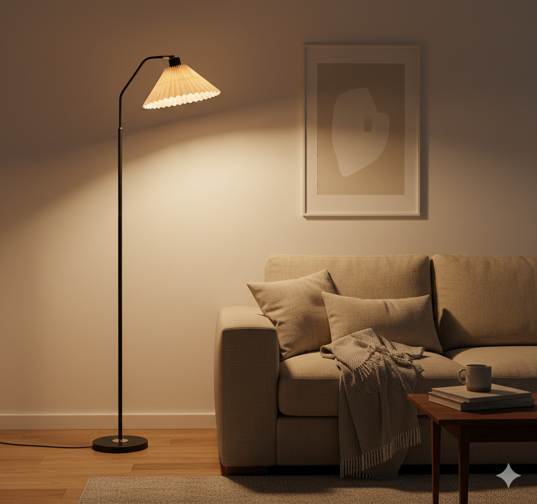 Minimalistische LED Vloerlamp met Geplooide Stoffen Lampenkap