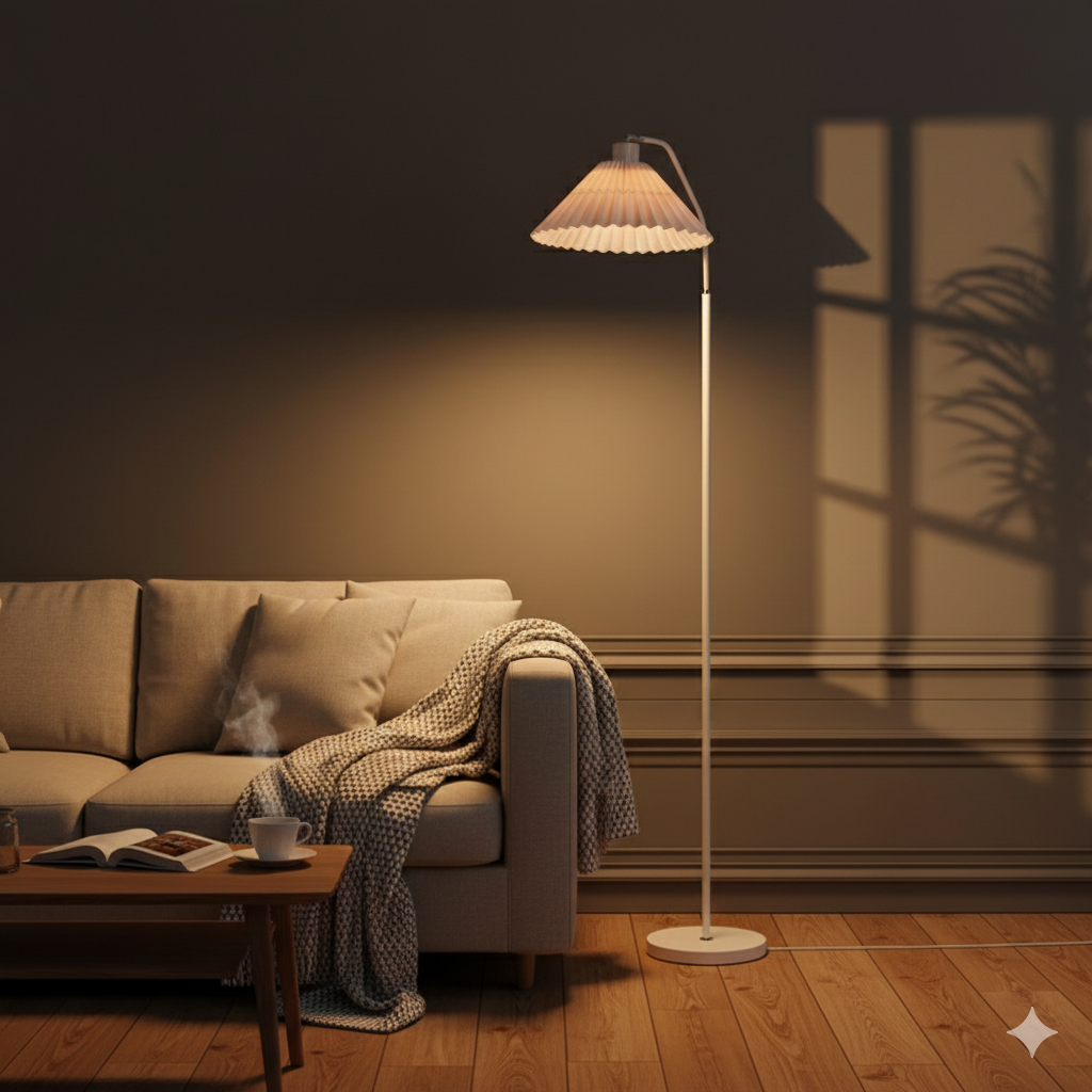 Minimalistische LED Vloerlamp met Geplooide Stoffen Lampenkap