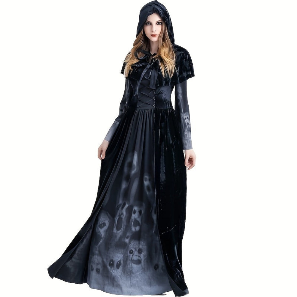 Gothic Heks Halloween Kostuum Skull Print Jurk