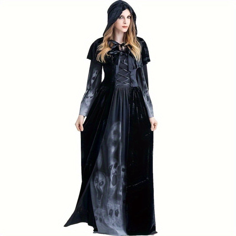 Gothic Heks Halloween Kostuum Skull Print Jurk