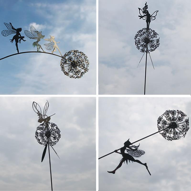 Feeën en paardenbloemen dansen samen Sculptuur in de tuin