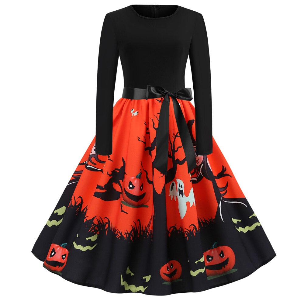 Gothic Cartoon Lange Mouwen Halloween Feestjurk | Midi