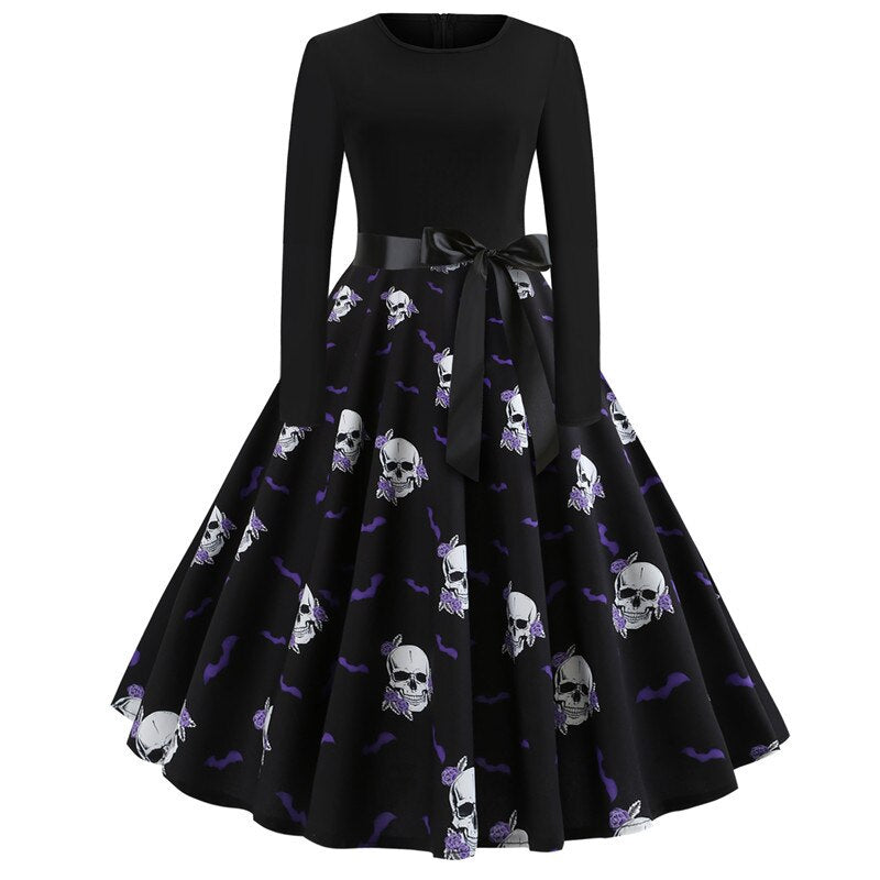 Gothic Cartoon Lange Mouwen Halloween Feestjurk | Midi